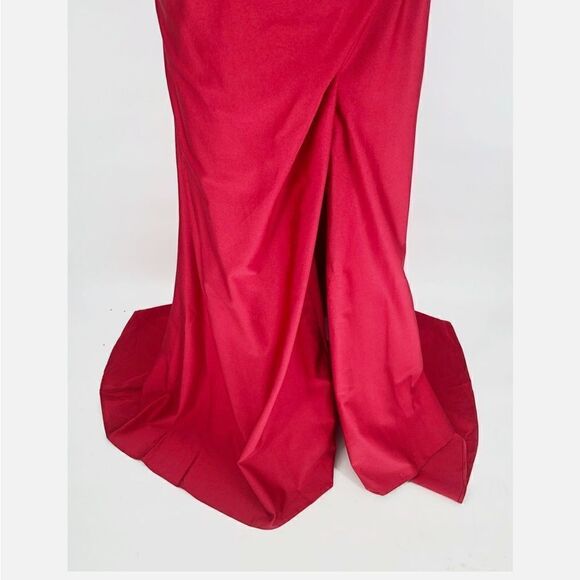 XSCAPE NWT Lace Up Jersey Gown Size 2 Red V Neck Ruched Slit Dress - Picture 4 of 5